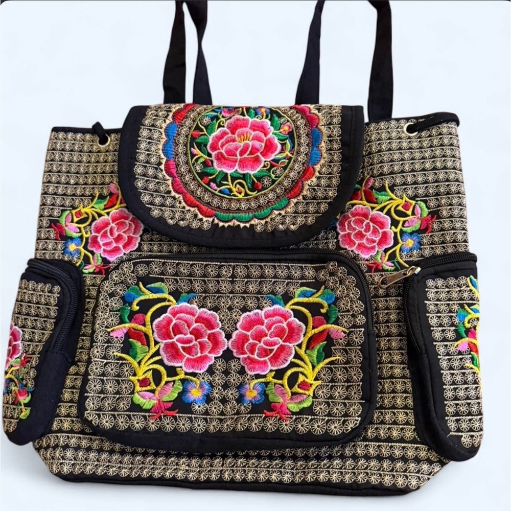 Embroidered Floral Canvas Backpack Boho Pink Peony Black Gold Rucksack Bag
